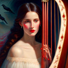 Red-haired woman playing harp with birds in fantastical illustration