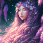 Mystical portrait of woman with purple hair, wisteria vines, red fruits, starlit