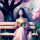 Woman in Pink Dress Reading Book Surrounded by Butterflies and White Cat