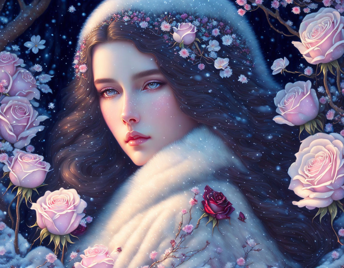 Ethereal woman with flowers in hair among pink roses on starry night.