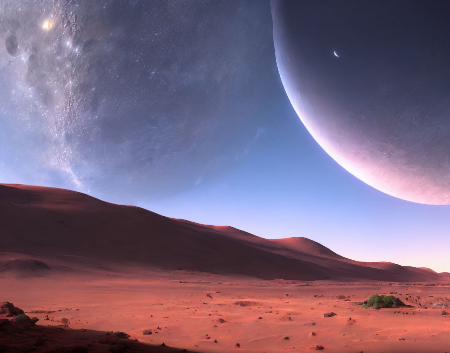 Digital artwork of extraterrestrial landscape with red sands, oasis, and celestial bodies