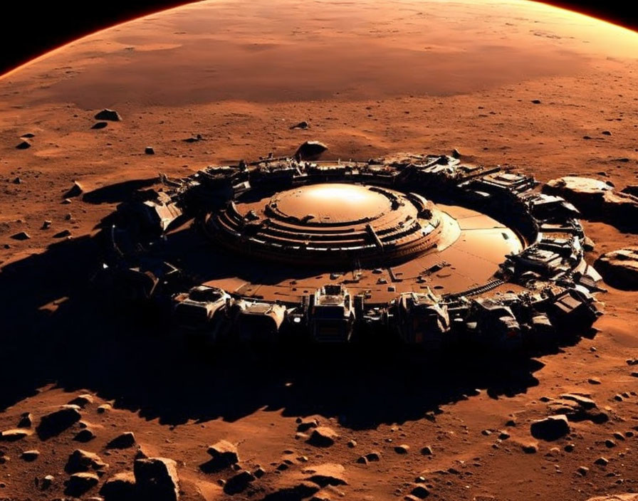 Circular Martian Settlement Surrounded by Modular Units on Rocky Surface