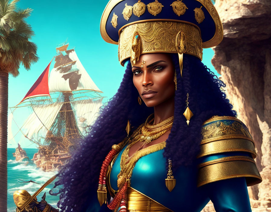 Digital artwork of regal woman in ancient Egyptian armor with ship in background