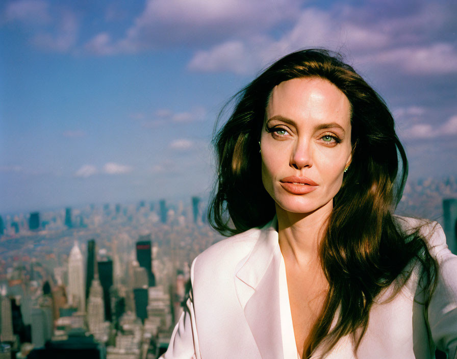 Dark-haired woman in white blazer against city skyline and blue sky