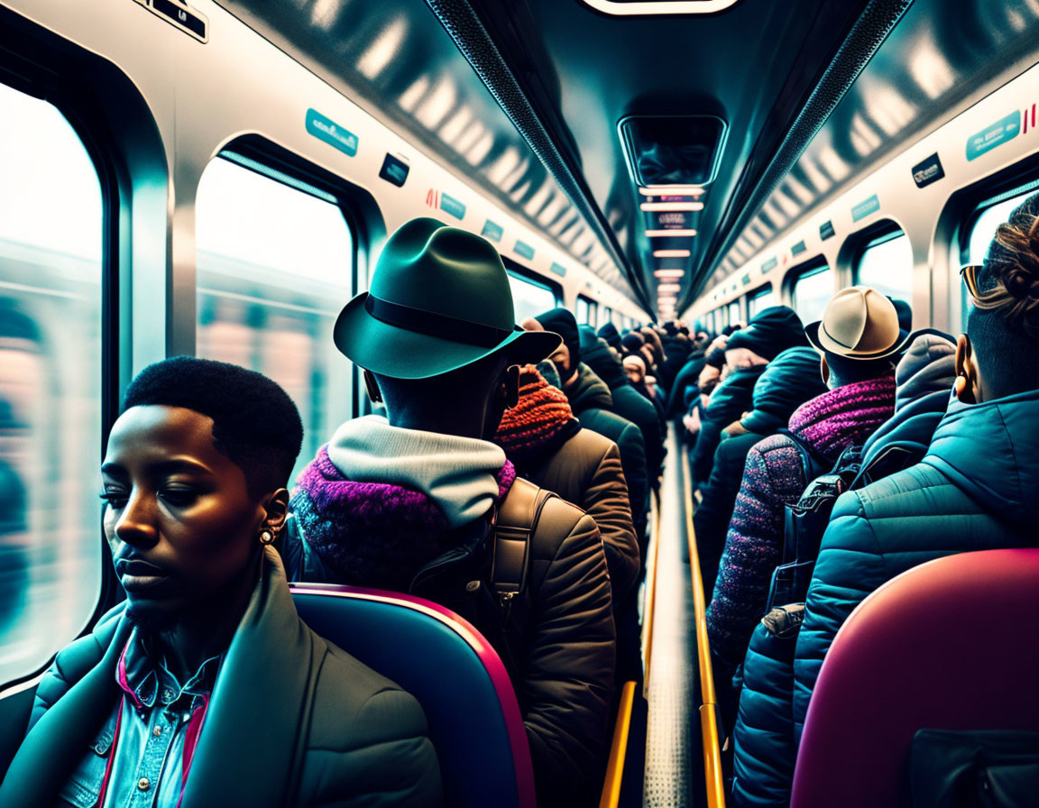 Passengers in brightly lit train carriage with winter attire, blurred scenery outside