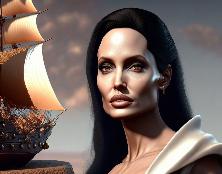 3D digital illustration of woman with ship in fantasy blend