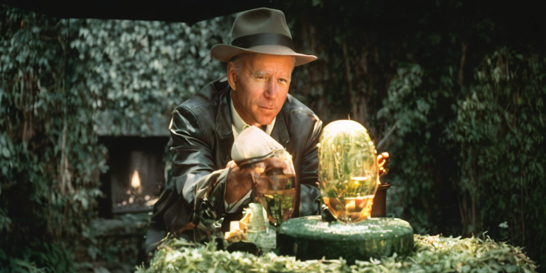 Man in Fedora and Leather Jacket Examining Golden Artifact in Jungle