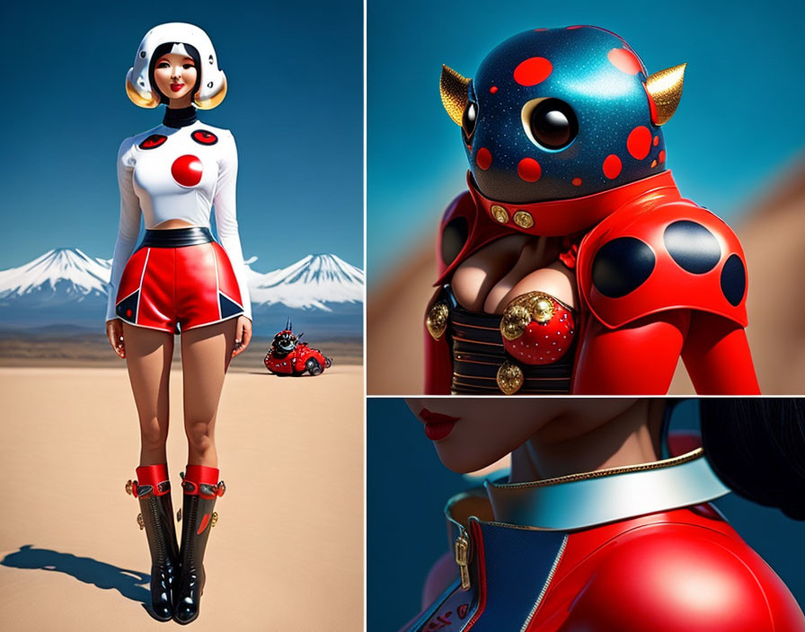 Futuristic woman in red and white outfit with ladybug accessories in 3D illustration