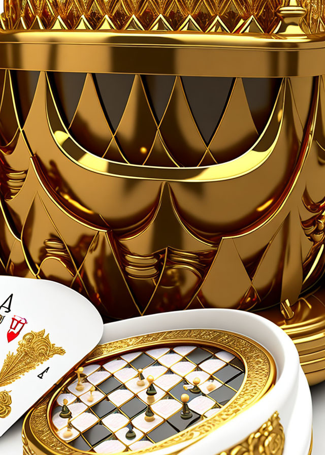 Luxurious Golden Chess Set and Ace of Diamonds Playing Cards in Ornate Design