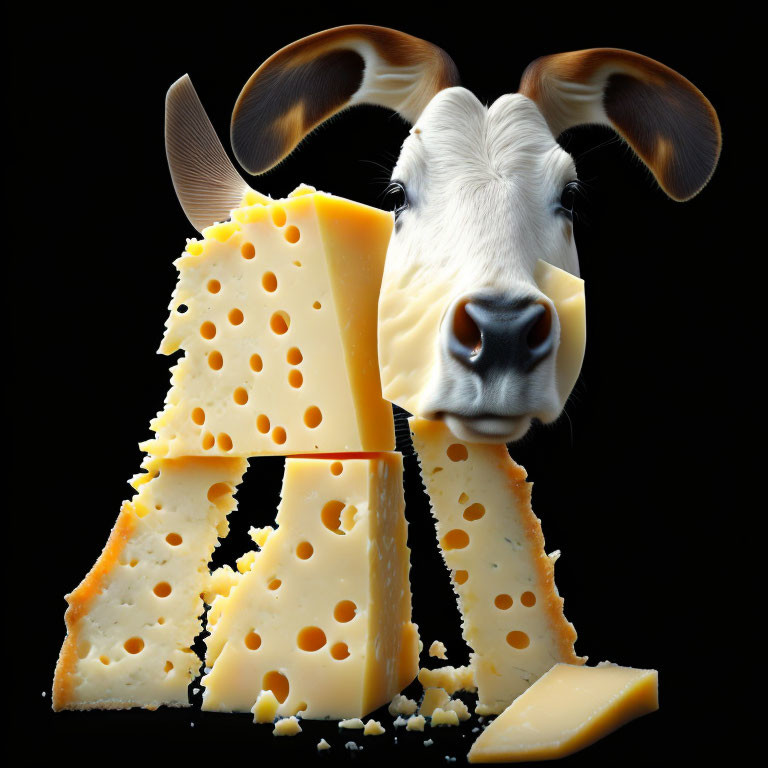 Digital artwork: Cow head in Swiss cheese "A" on black background