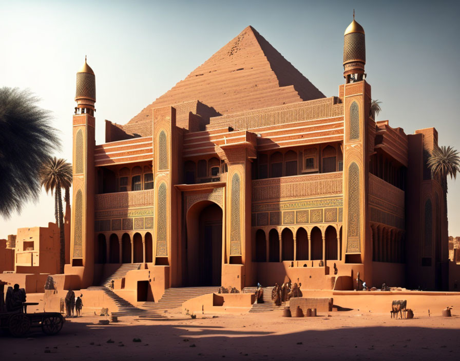 Ornate desert palace with towers and carvings, people and camels under clear sky