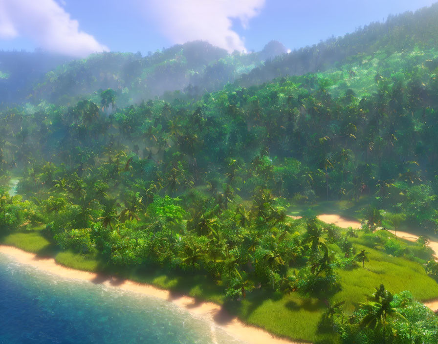 Tranquil tropical beach with lush green foliage, palm trees, and gentle surf