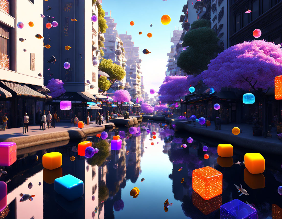 Colorful cityscape with canal, floating cubes, pedestrians, and purple foliage trees