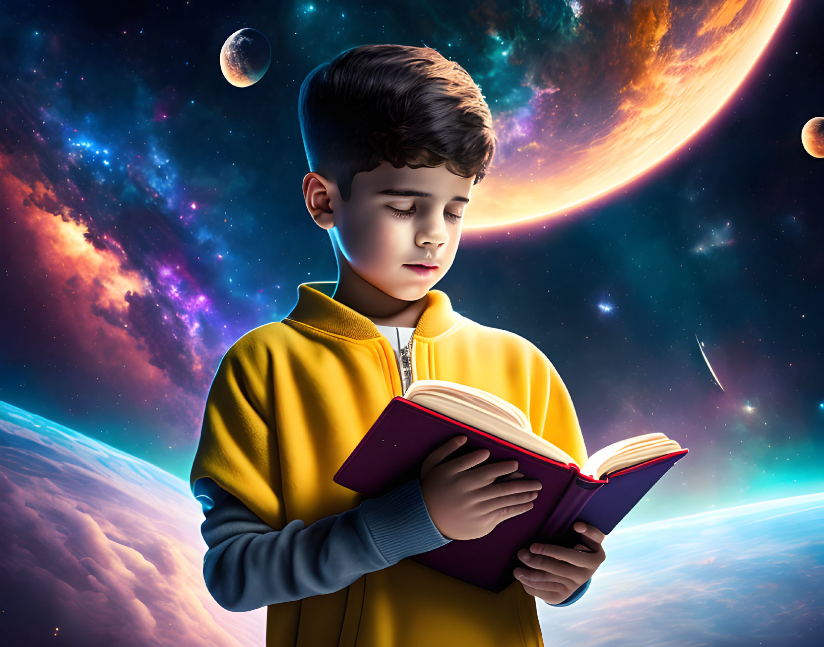 Boy in Yellow Jacket Reading Book with Cosmic Background