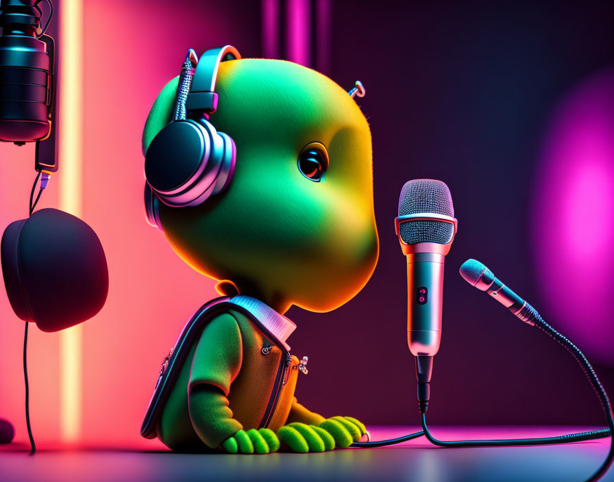 Colorful 3D illustration of green character with headphones and microphone