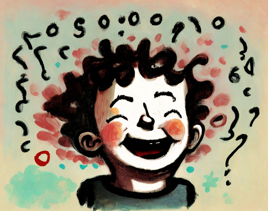 Cheerful cartoon child with curly hair laughing against abstract backdrop