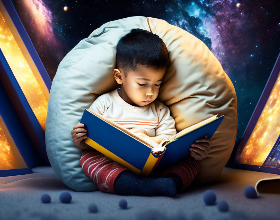 Child Reading Book in Cozy Space-Themed Setting