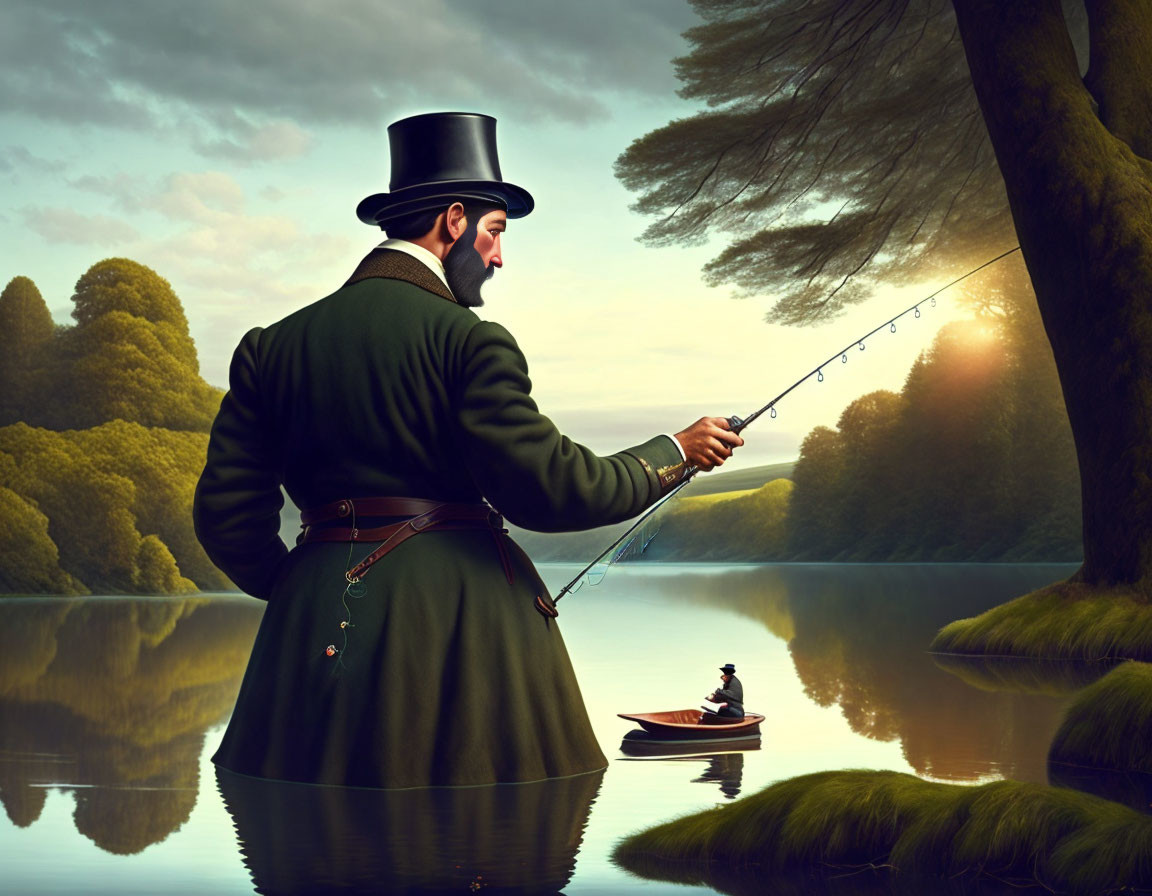 Man in Top Hat Fishing by Serene Lake With Tiny Boat and Floating Figure