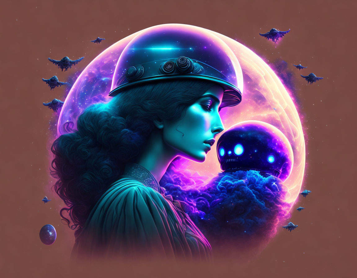 Cosmic-themed illustration of woman in spacesuit surrounded by planets