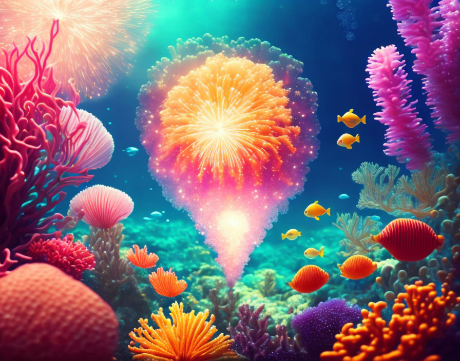 Colorful coral and fish in bright heart-shaped light underwater