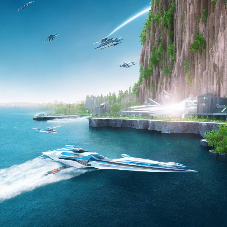 High-Tech Vehicles in Futuristic Cityscape with Cliff and Greenery