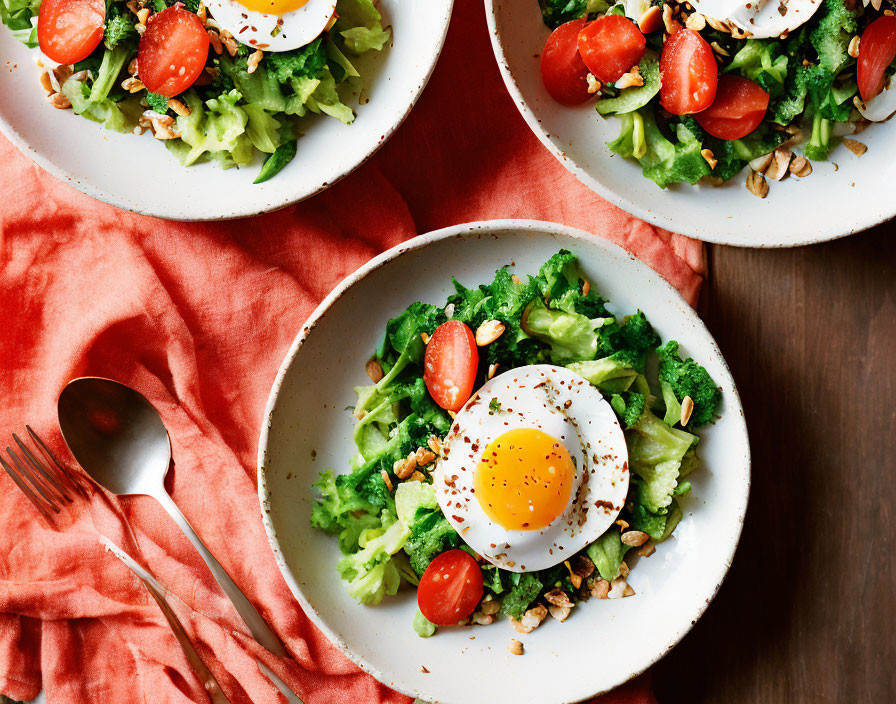 Fresh salad bowls with greens, tomatoes, seeds, and fried egg on red tablecloth