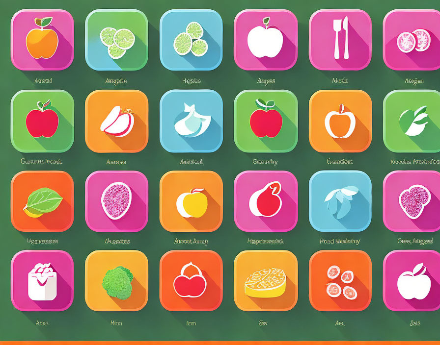 Square Fruit and Item Icons with Name Labels on Green Background