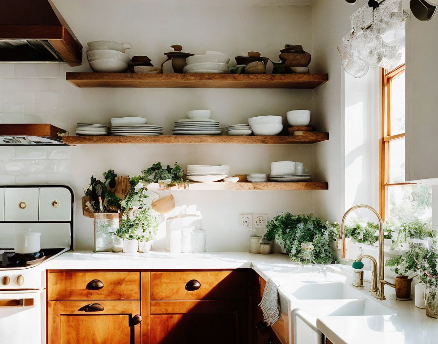 Warm kitchen with wooden shelves, white dishes, green plants, and sunlight