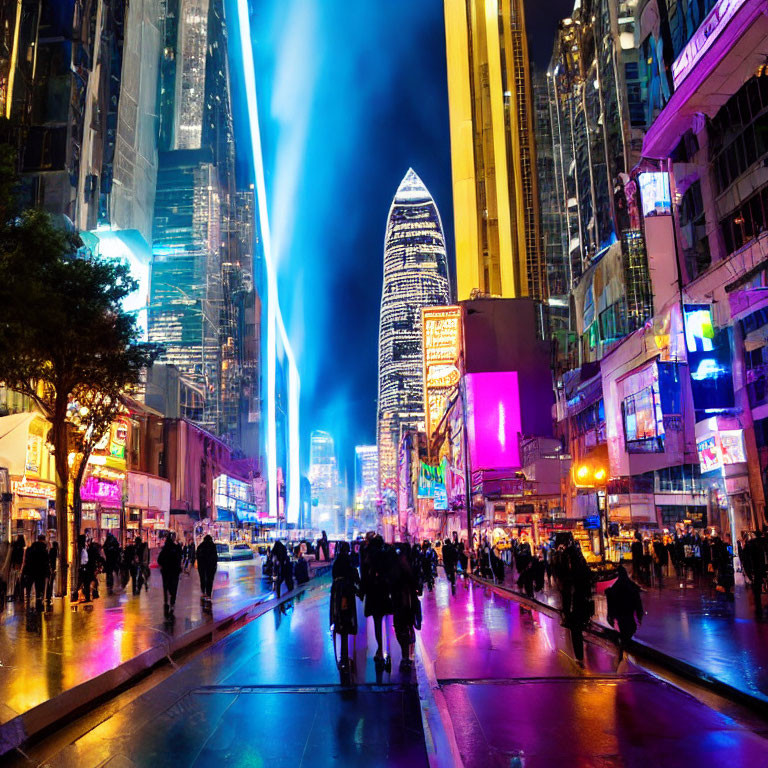 Vibrant neon-lit city street with skyscrapers and pedestrians at night