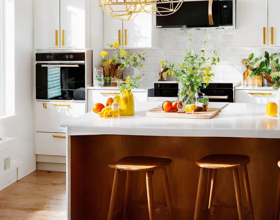 Contemporary kitchen with white cabinets, stainless steel appliances, gold chandelier, wooden island, yellow accents