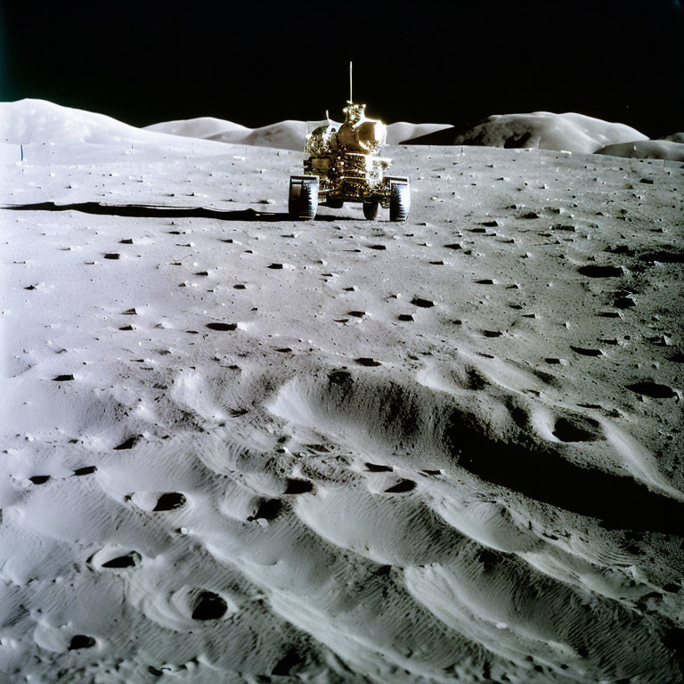 Lunar rover leaves tire tracks on moon's barren landscape