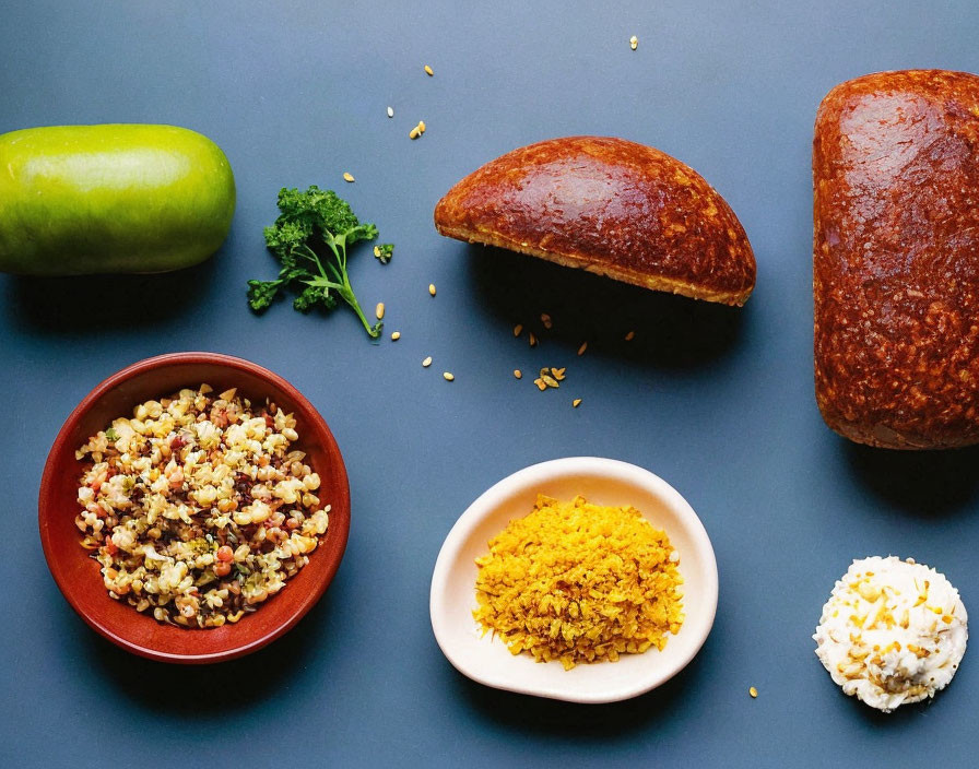 Assorted Foods Flat Lay on Blue Background