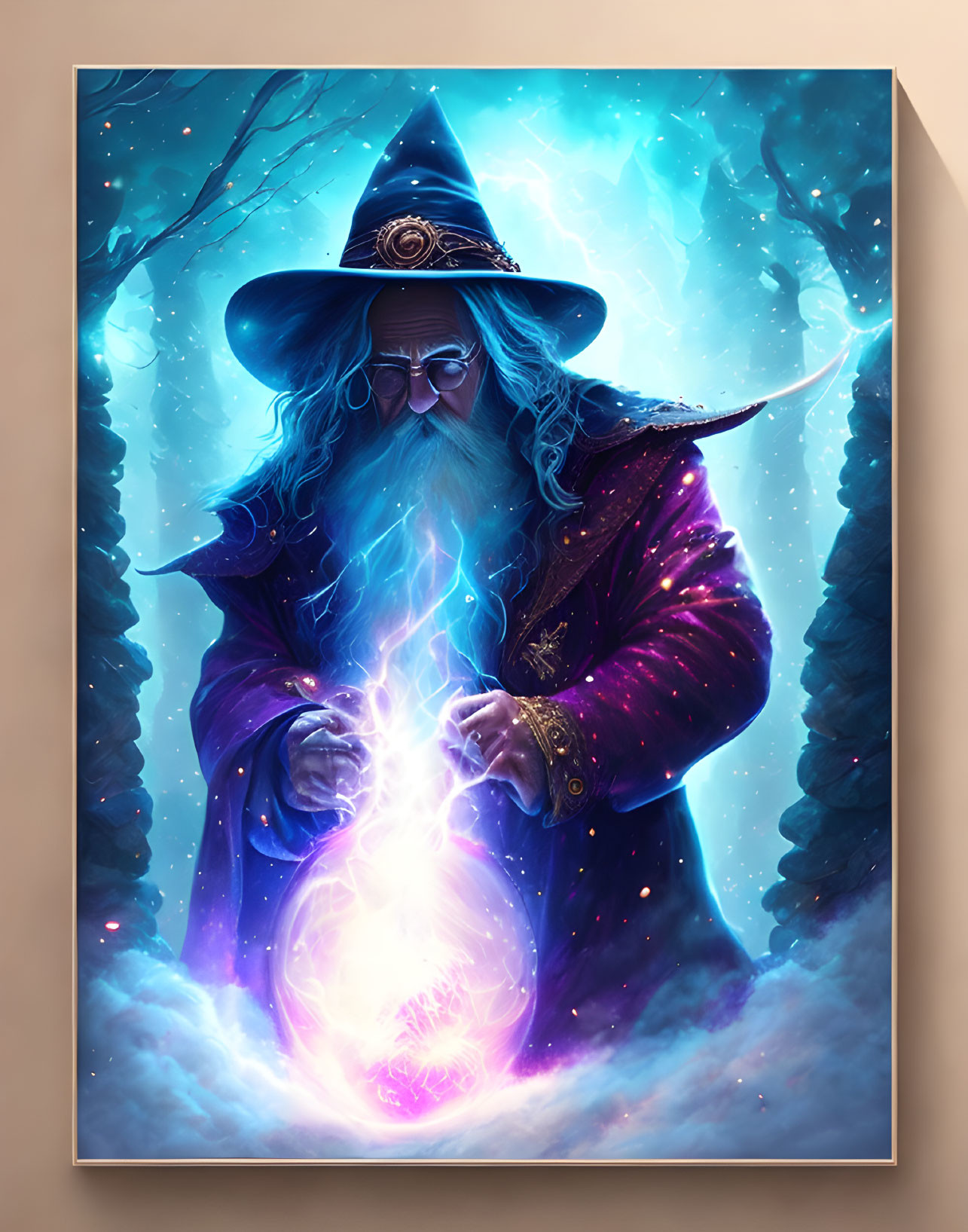 Bearded wizard casting spell in enchanted forest