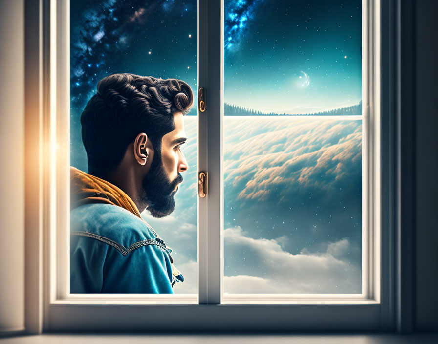 Man looking out window at surreal night sky with stars and clouds