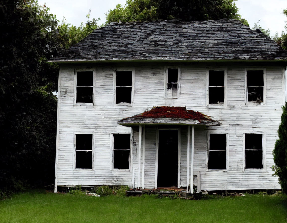 Dilapidated two-story house with peeling paint and damaged roof surrounded by overgrown vegetation