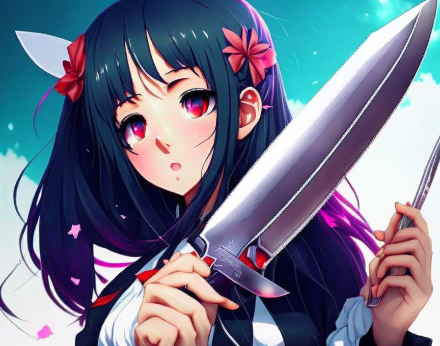 Black-haired anime girl with red bows holding a knife under blue sky