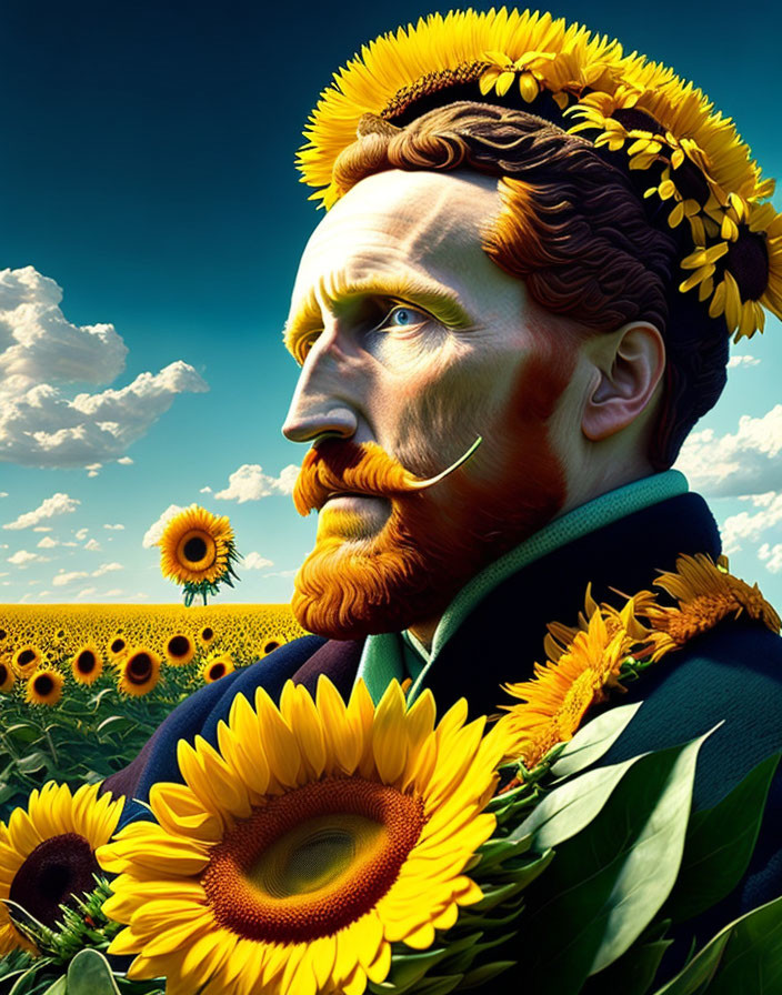 Man with Sunflower Crown in Sunflower Field Portrait