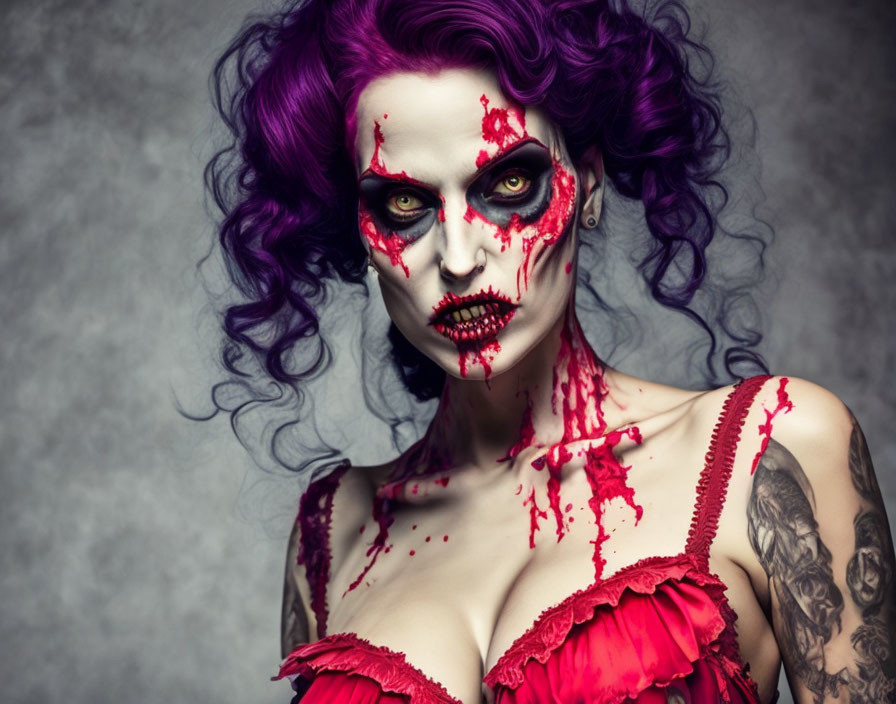 Person with dramatic zombie makeup, purple hair, red outfit, and visible tattoos.