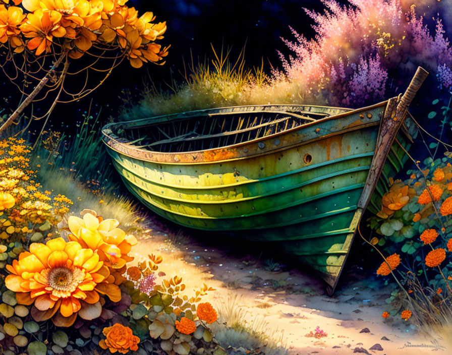 Old Wooden Boat Surrounded by Vibrant Flowers and Plants in Night Sky