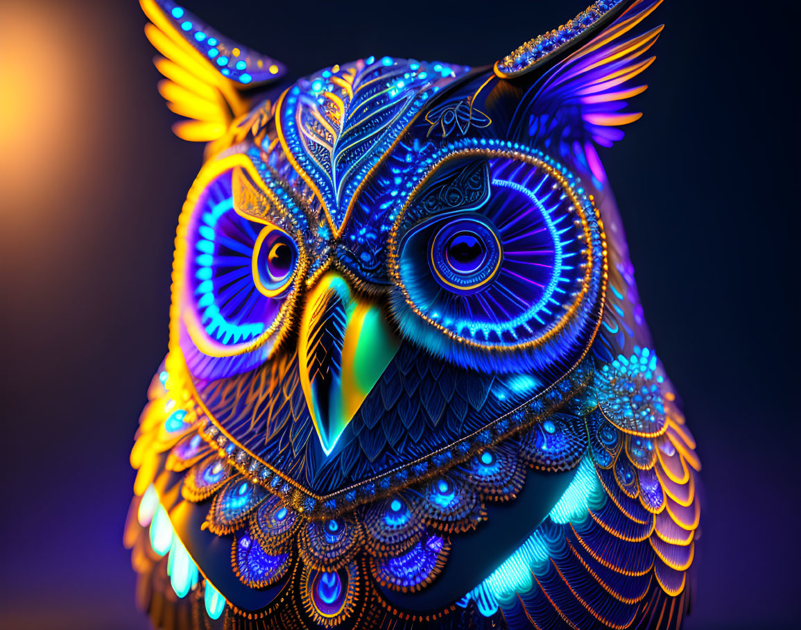 Vibrant owl digital artwork with neon outlines on dark background