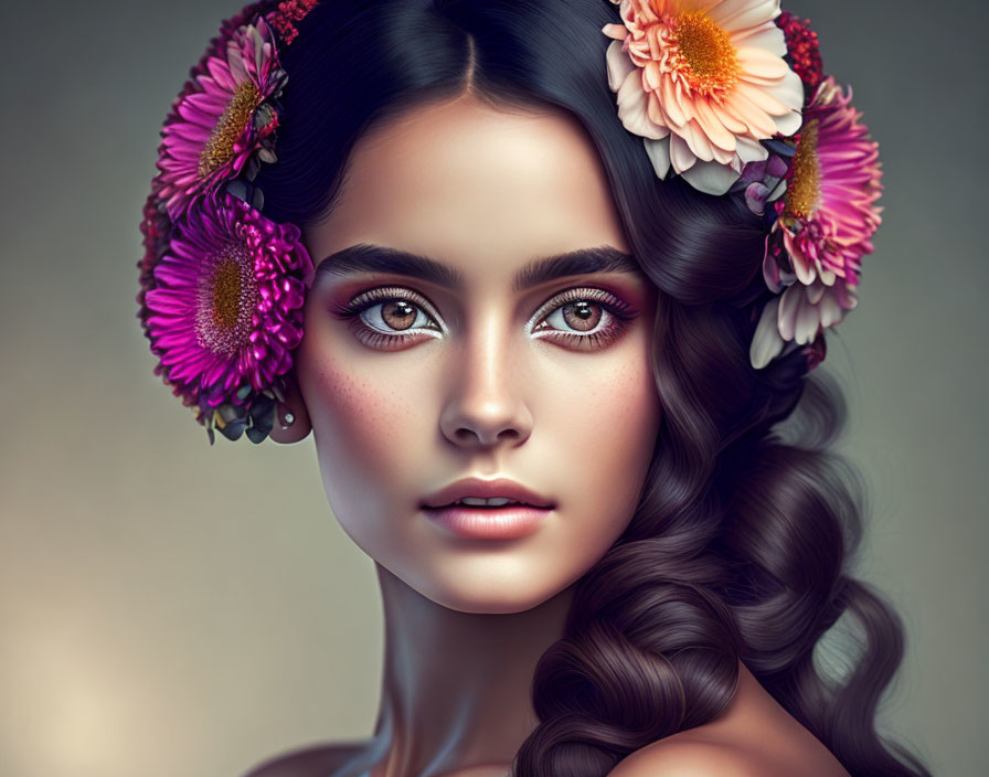 Portrait of Woman with Large Expressive Eyes and Floral Headpiece