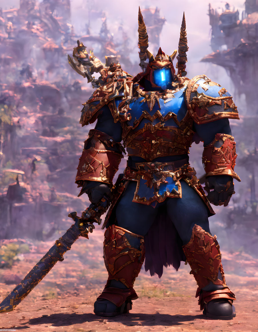 Ornate blue and red armored knight with glowing visor and spear in fantasy setting