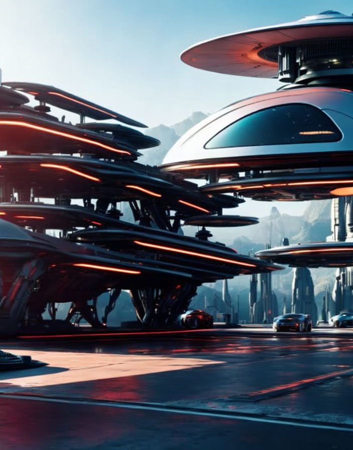 Futuristic cityscape with sleek buildings and flying vehicles in clear blue sky