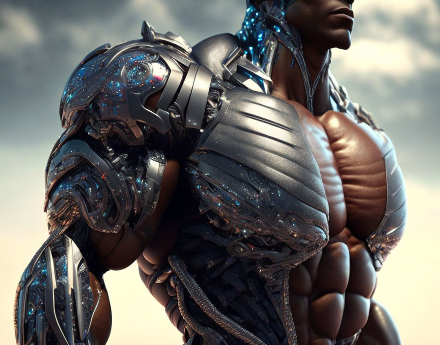 Muscular Figure with Cybernetic Arm and Mechanical Details under Dramatic Sky