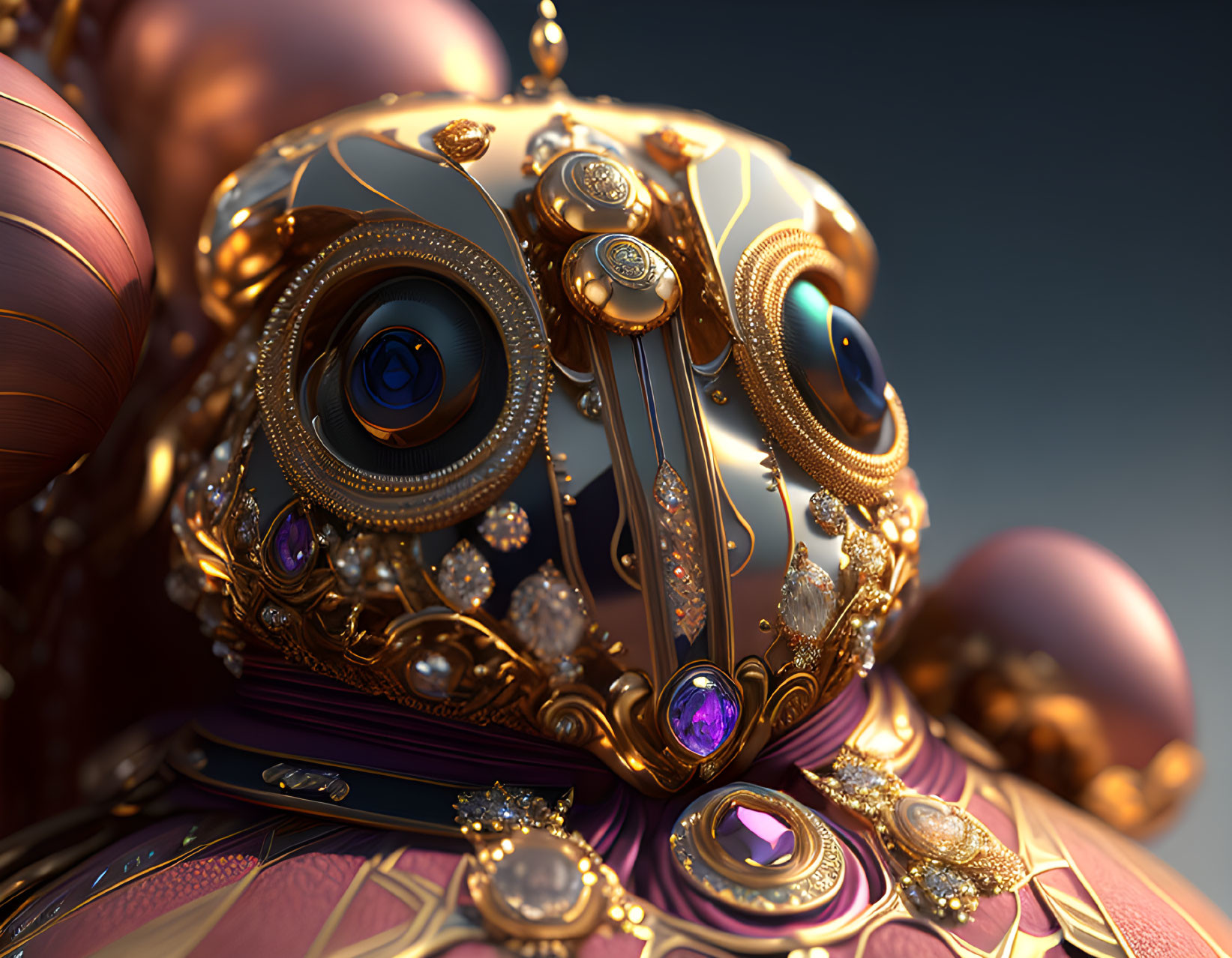 Detailed Steampunk Robot Head with Gold Accents, Gears, and Gemstones