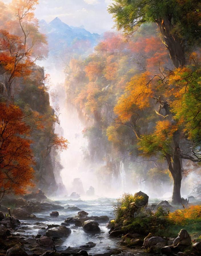 Misty river flowing through autumnal landscape