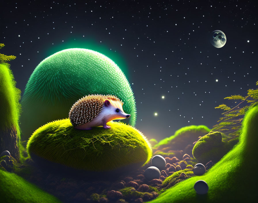 Hedgehog in moss-covered landscape under night sky