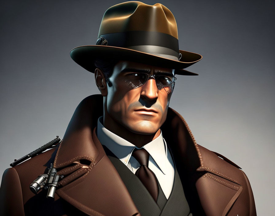 Male detective character with fedora, trench coat, and pistol in film-noir style