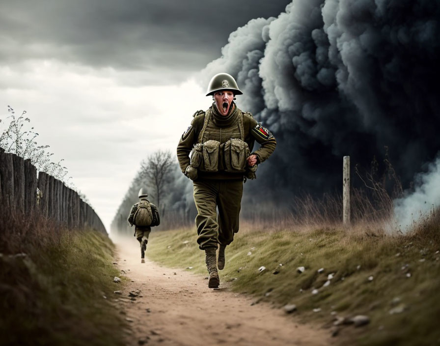 Vintage military soldiers sprinting on dirt road with dark smoke.