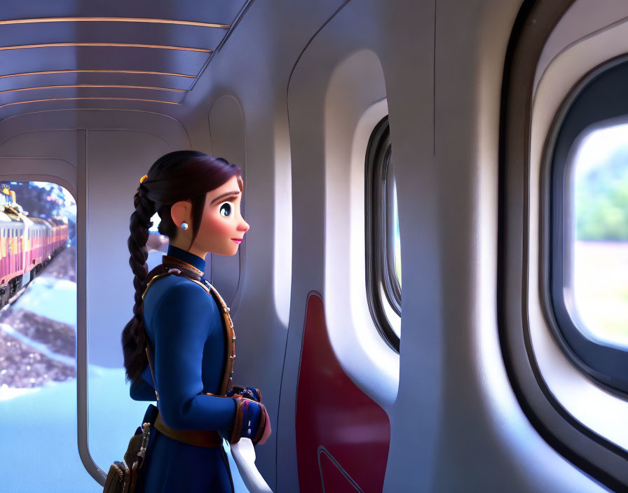 3D animated girl with braid on train gazes out window